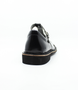 Black leather girls T‑bar school shoe with perforated vamp and buckle strap.