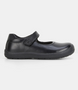 Black leather girls Mary Jane school shoe with smooth upper and hook‑and‑loop strap.