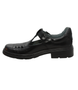 Black leather girls T‑bar school shoe with perforated vamp and buckle strap.