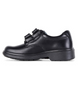 Black junior boys school double strap leather shoe with low heel and smooth upper