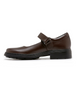 Brown senior girls leather Mary Jane school shoe with self‑fastening strap and padded collar