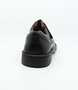 Mens black leather shoe with wide hook and loop strap, stitched detailing and flexible comfort sole.