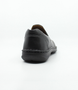 Mens black leather slip on shoe with stitched detailing, elastic gussets and flexible comfort sole.