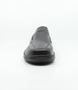Mens black leather slip on shoe with stitched detailing, elastic gussets and flexible comfort sole.