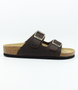 Brown womens nubuck slide sandal with adjustable buckle straps and contoured cork footbed.