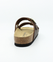 Brown womens nubuck slide sandal with adjustable buckle straps and contoured cork footbed.