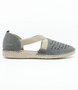 Jeans womens leather flat with laser cut perforations, open side panels and semi curved instep strap.