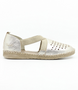 Platinum womens leather flat with laser cut perforations, open side panels and semi curved instep strap.