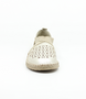 Platinum womens leather flat with laser cut perforations, open side panels and semi curved instep strap.