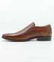 Tan mens leather slip on dress shoe with elastic gussets, padded sock and non slip heel.