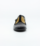 Black girls patent and suede T‑bar shoe with buckle strap and brogue detail.