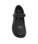Black girls leather Mary Jane shoe with strap fastening and cushioned sole.
