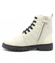 Beige girls leather ankle boot with quilted upper, lace‑up front, side zip and tread sole.