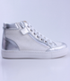 Silver Glitter girls leather high top sneaker with glitter finish, side zip and cushioned sole.