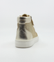 Gold Sparkle girls leather high top sneaker with glitter finish, side zip and cushioned sole.