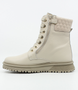 Beige girls leather ankle boot with quilted collar, lace‑up front, side zip and tread sole.