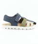 Blue Multi boys leather sandal with buckle front strap, hook‑and‑loop ankle strap and cushioned sole.