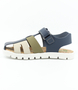 Blue Multi boys leather sandal with buckle front strap, hook‑and‑loop ankle strap and cushioned sole.