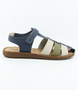 Blue Multi leather sandal with hook‑and‑loop ankle strap and cork‑textured sole.
