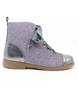 Grey girls glitter leather ankle boot with satin laces, side zip and cushioned sole.