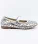 Argento girls leather Mary Jane shoe with embroidered metallic finish and strap fastening.