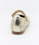 Champagne girls leather Mary Jane shoe with embroidered metallic finish and strap fastening.