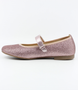 Pink girls leather Mary Jane shoe with glitter finish and strap fastening.