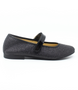 Black girls leather Mary Jane shoe with glitter finish and strap fastening.