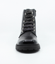 Black girls patent leather ankle boot with lace‑up front, side zip and tread sole.