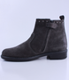 Charcoal girls suede ankle boot with stud detail, side zip and low heel.