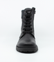 Black girls leather ankle boot with ribbed collar, lace‑up front, side zip and tread sole.