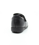 Black girls leather T‑bar school shoe with floral cut‑outs and hook‑and‑loop strap.
