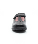 Black girls leather T‑bar school shoe with floral cut‑outs and hook‑and‑loop strap.