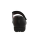 Black girls leather Mary Jane school shoe with floral cut‑outs, hook‑and‑loop strap and pink lining.