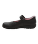 Black girls leather Mary Jane school shoe with floral cut‑outs, hook‑and‑loop strap and pink lining.