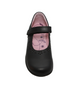 Black girls leather Mary Jane school shoe with floral cut‑outs, hook‑and‑loop strap and pink lining.