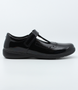 Black patent girls leather T‑bar school shoe with star punch detail and hook‑and‑loop strap.