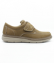 Taupe/Beige men’s suede leather casual shoe with perforated vamp, hook‑and‑loop strap and cushioned sole.