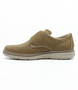 Taupe/Beige men’s suede leather casual shoe with perforated vamp, hook‑and‑loop strap and cushioned sole.