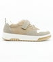 White/Tan boys leather casual sneaker with grey suede overlays and hook‑and‑loop strap.