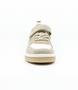 White/Tan boys leather casual sneaker with grey suede overlays and hook‑and‑loop strap.