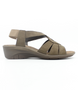 Dark Beige women’s nubuck leather wedge sandal with crossover straps and elastic back strap.