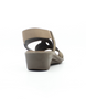 Dark Beige women’s nubuck leather wedge sandal with crossover straps and elastic back strap.