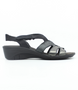 Black/Gunmetal women’s leather wedge sandal with crossover straps and adjustable ankle fastening.
