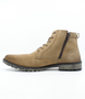 Tan men’s suede lace‑up boot with side zip and treaded sole.