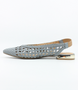 Light Blue women’s woven leather slingback flat with pointed toe and metallic heel.