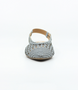 Light Blue women’s woven leather slingback flat with pointed toe and metallic heel.