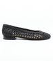 Black women’s woven leather flat with rounded toe and low polished heel.
