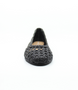 Black women’s woven leather flat with rounded toe and low polished heel.