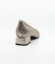 Dark Silver women’s woven leather flat with pointed toe and metallic block heel.
